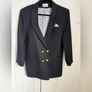Vintage black wool double-breasted blazer by Clarite with gold buttons, size 12